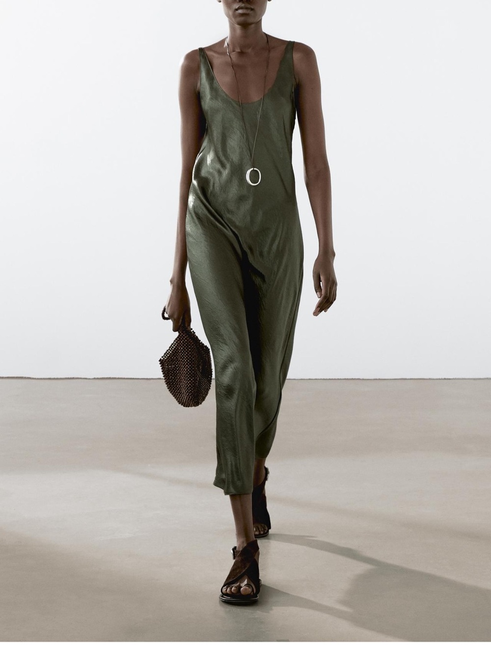 Massimo Dutti LONG FLOWING SATIN DRESS W Scoop Neck Olive Green - Women - Picture 1 of 3